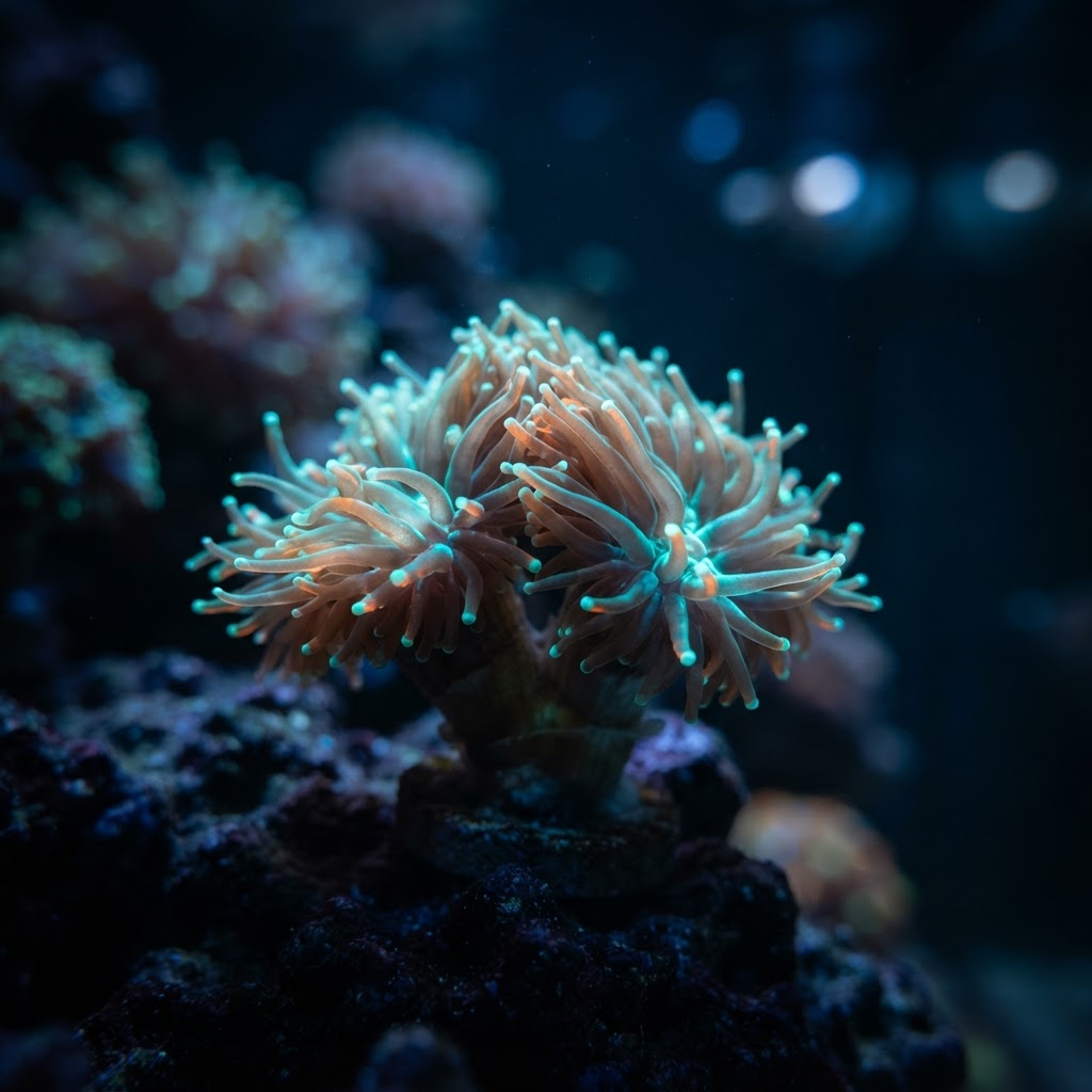 Close-up of a thriving reef aquarium coral with extended polyps under blue lighting
